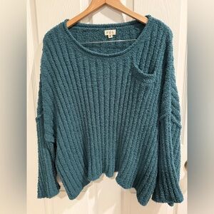 POL Oversized Baggy Poly Textured Teal Crew Neck Sweater